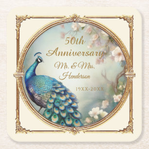 Art Deco Peacock Flower Elegant 50-årsdagen Underlägg Papper Kvadrat