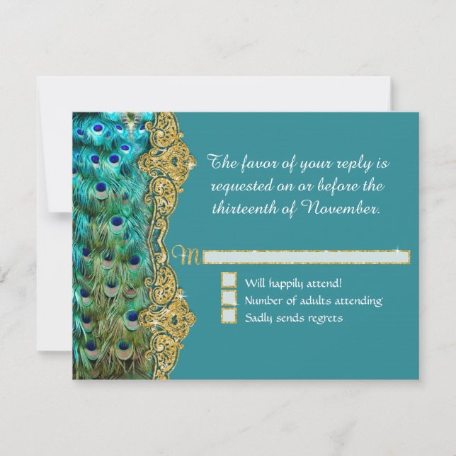 Art Deco Peacock Glam Old Hollywood Bröllop OSA Kort (Framsida)