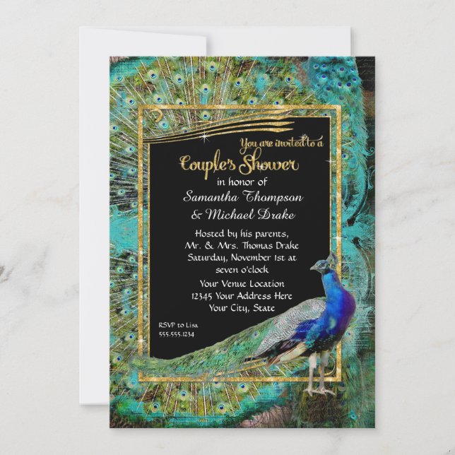 Art Deco Peacock Glam Old Hollywood Par Shower Inbjudningar (Framsida)