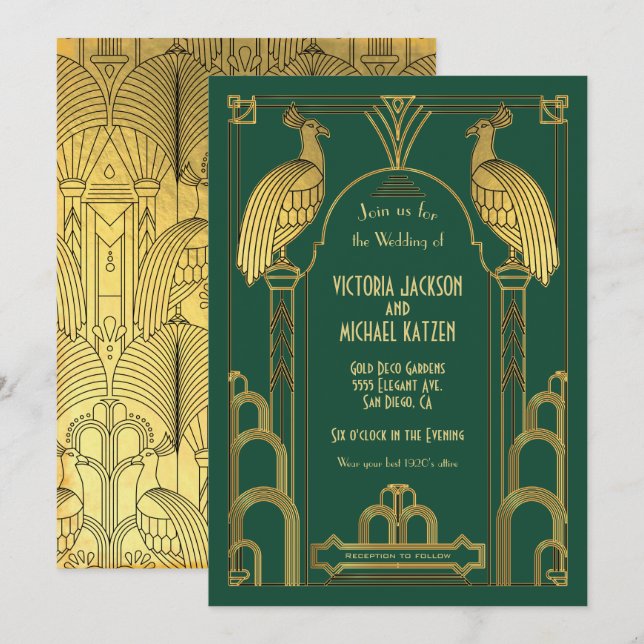 Art Deco Peacock Guld & Black Wedding-inbjudan Inbjudningar (Fram/baksida)