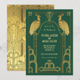 Art Deco Peacock Guld & Black Wedding-inbjudan Inbjudningar