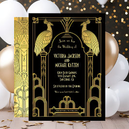 Art Deco Peacock Guld & Black Wedding-inbjudan Inbjudningar