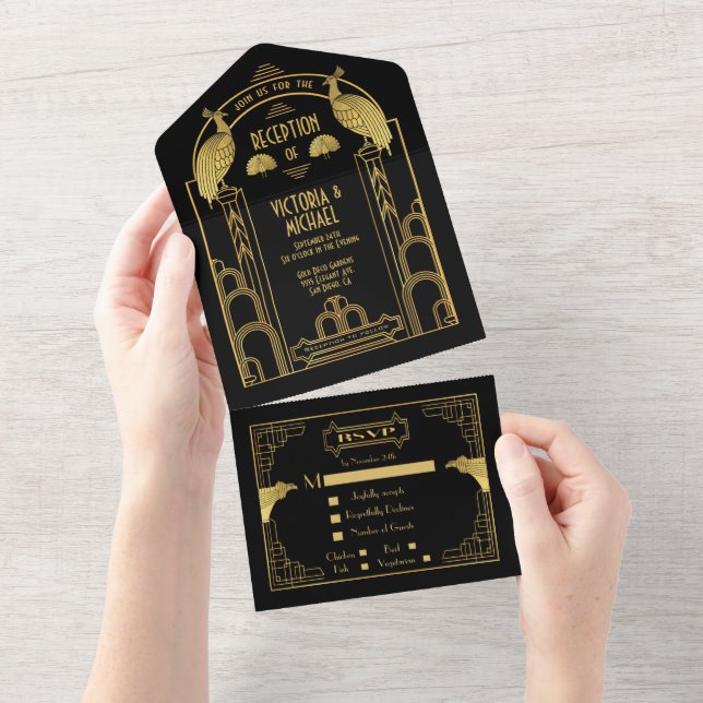 Art Deco Peacock Guld & Black Wedding Reception (Avrivbar del)