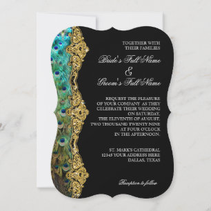 Art Deco Peacock Guld Glitter Old Hollywood Gatsby Inbjudningar