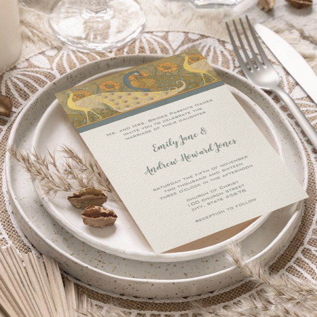 Art Deco Peacock Parad-inbjudan till fågelbröllop Inbjudningar (Skapare uppladdad)