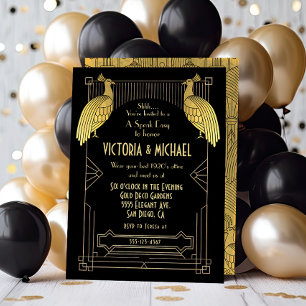 Art Deco Peacock talar Easy Party Guld & Black Inbjudningar
