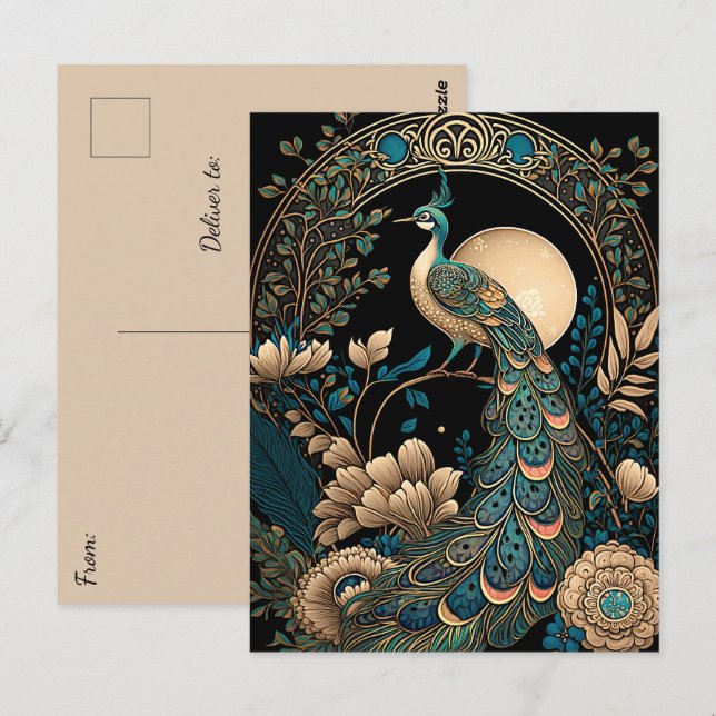 Art Deco Peacock Vykort (Fram/baksida)