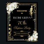 Art Deco Pearls White Flowers Gatsby 20:s välkomst Poster<br><div class="desc">Anpassa den här vintage Art deco-blommigten Underbar Gatsby roving 20s Tematecknet välkomsttecken enkelt och snabbt. Tryck helt enkelt på knappen Redigera med Design Verktyg för att ytterligare ordna om och formatera stil och placera texten. Med chic art deco ram, elfenbensvit orkidé och lily blommigt, mousserande pärlor och svart och guld...</div>