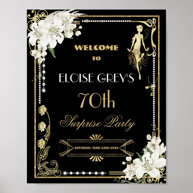 Art Deco Pearls White Flowers Gatsby 20:s välkomst Poster (Framsidan)