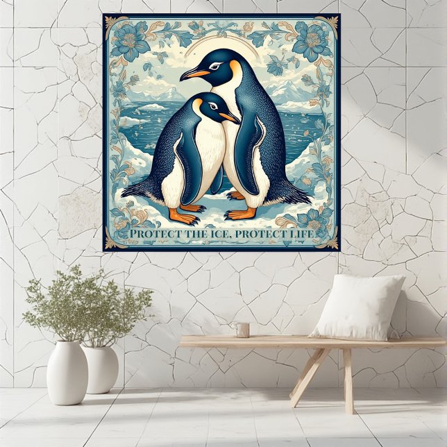 Art Deco Penguin Ice Bird Couple Snow Ocean Floral Fototryck (Art Deco Penguin Ice Bird Couple Snow Ocean Floral Photo Print)