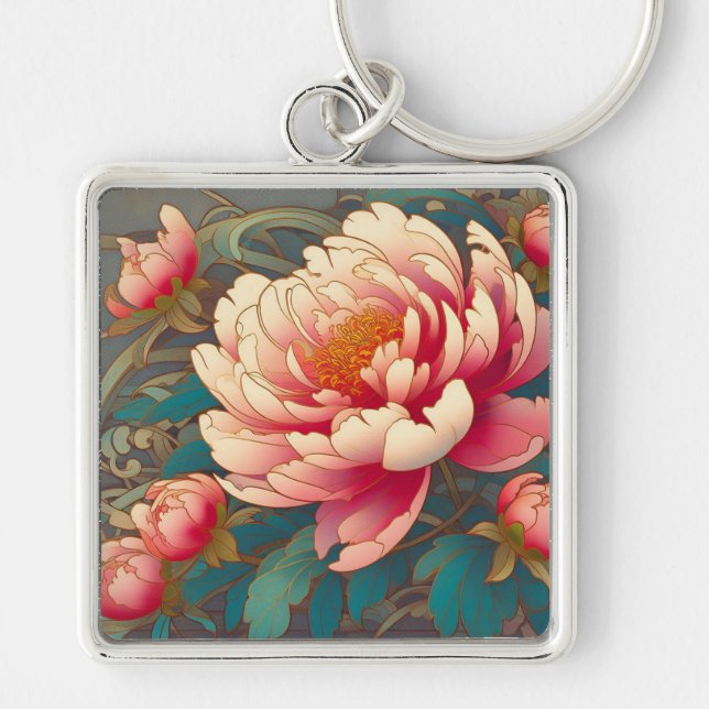 Art Deco Peony Keychain Fyrkantig Silverfärgad Nyckelring (Framsidan)
