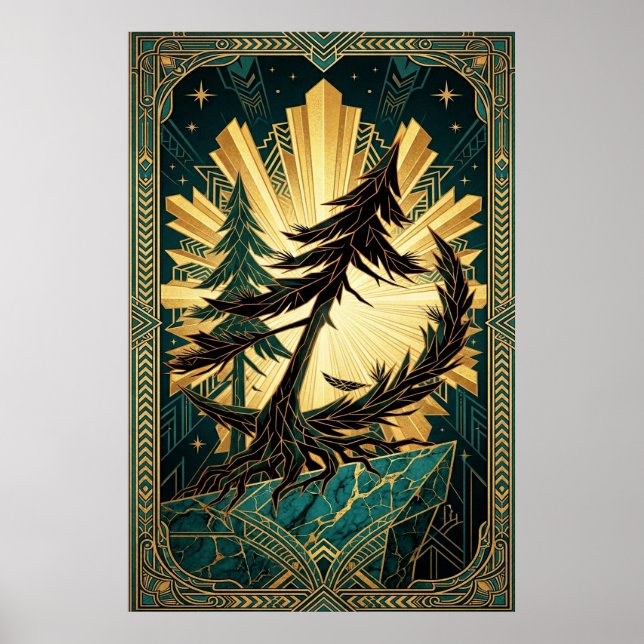 Art Deco Pine Tree Silhouette Gold Teal Cliff Post Poster (Framsidan)
