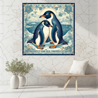 Art Deco Pingvin Isfågel Par Snö Ocean Blommig Fototryck