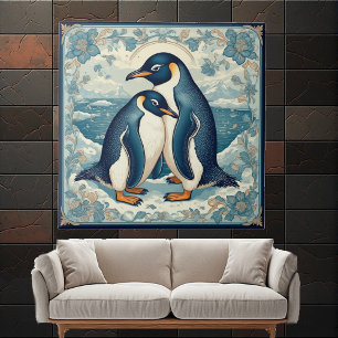 Art Deco Pingvin Isfågel Par Snö Ocean Blommig Kakelplatta