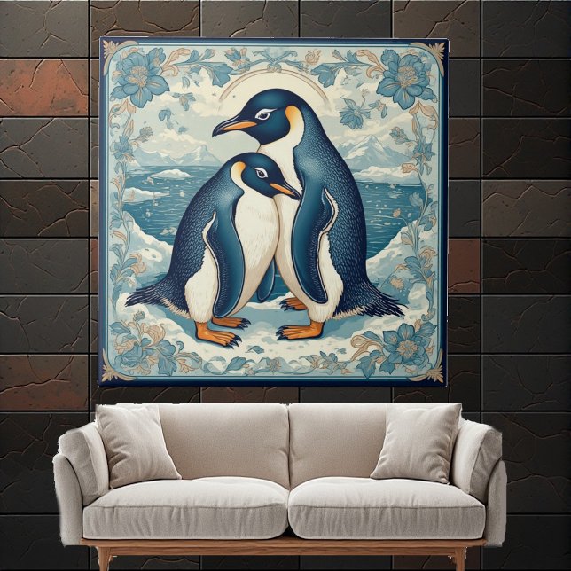 Art Deco Pingvin Isfågel Par Snö Ocean Blommig Kakelplatta (Art Deco Penguin Ice Bird Couple Snow Ocean Floral Ceramic Tile)