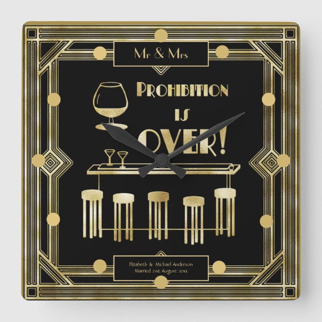 Art Deco Prohibition Is Over 1920s Black Gold Fyrkantig Klocka (Framsida)