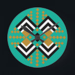 Art Deco Quilt Inspired   Rund Klocka<br><div class="desc">Den här klockan har en konsdeco quilt-inspirerad design av diamantformer i svart,  vitt och brunt på fält i teal.</div>