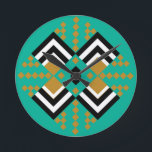Art Deco Quilt Inspired   Rund Klocka<br><div class="desc">Den här klockan har en konsdeco quilt-inspirerad design av diamantformer i svart,  vitt och brunt på fält i teal.</div>