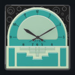 Art Deco Radiola (3 Gröntar och en svart) Fyrkantig Klocka<br><div class="desc">Den ursprungliga digitala målningen på den här coolan inspirerades av 1930 års Art Deco-radiodesign. Genom att använda olika skuggningstekniker för att föreslå en 3-D Bakelite-klocka mot ett svart tapet med en tunn vit cirkel mönster,  kommer den här väggklockan säkert att samla in kommentarer och lovorda för din bra smak!</div>