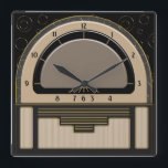 Art Deco Radiola (latte, Greige, Black, Guld) Fyrkantig Klocka<br><div class="desc">Den ursprungliga digitala målningen på den här coolan inspirerades av både en Art Deco-radiodesign från 1930 och en populär glasklocka, Franklin Golden Hour. Genom att använda olika skuggningstekniker för att föreslå en 3-D Bakelitklocka med ett yttre glas gräns som rimmas i guld och sedan sätts mot ett svart tapet med...</div>