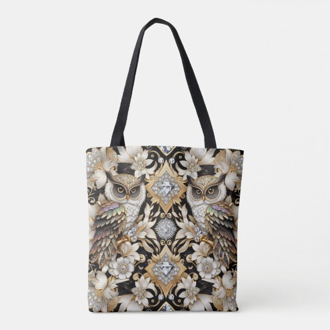 Art Deco Rainbow Owls Tote Bag Tygkasse (Baksida)