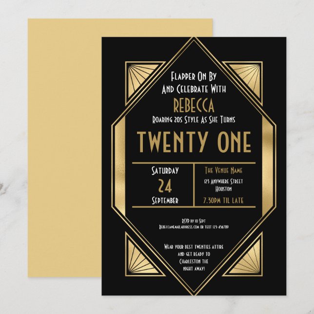 Art Deco Ram 21:a födelsedag Guld Black Inbjudningar (Fram/baksida)