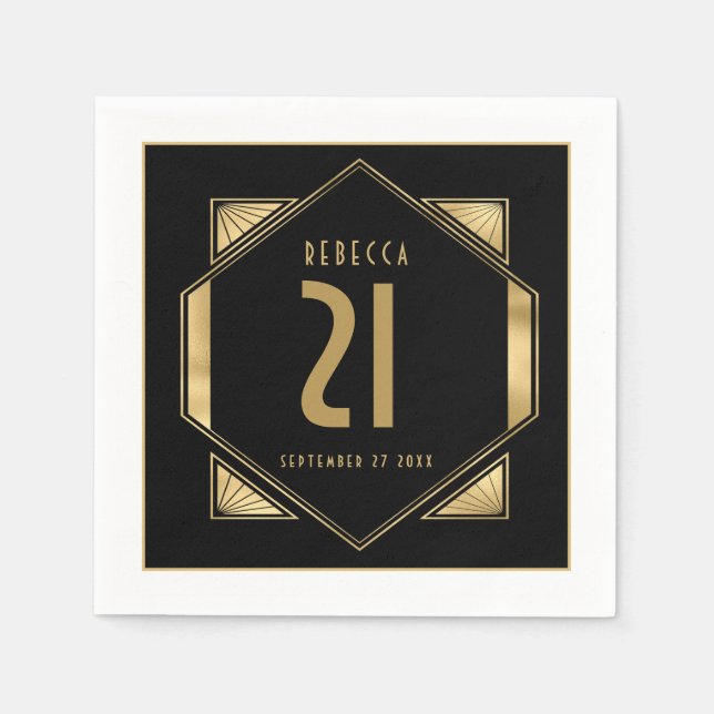 Art Deco Ram 21:a födelsedag Namn Datum Guld Black Pappersservett (Framsidan)