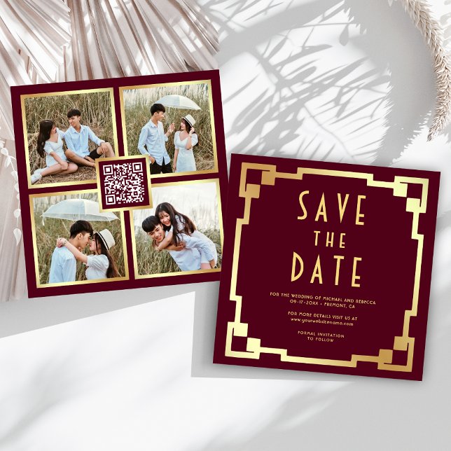 Art Deco Ram Bröllop QR-kod Guld Burgunder Spara Datumet (Skapare uppladdad)