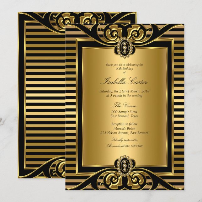 Art Deco-rand Guld Svart Födelsedagsfest 2 Inbjudningar (Fram/baksida)
