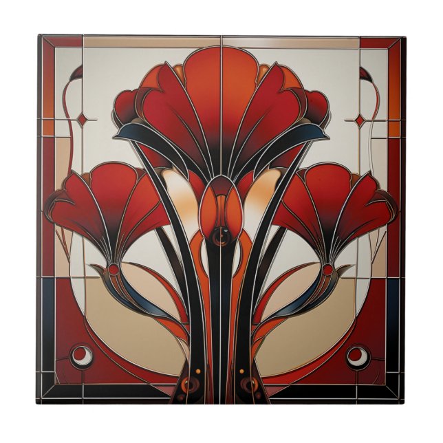 Art Deco Red Black White Abstract  Floral   Kakelplatta (Framsidan)