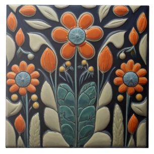 Art Deco Red Flowers Kakelplatta