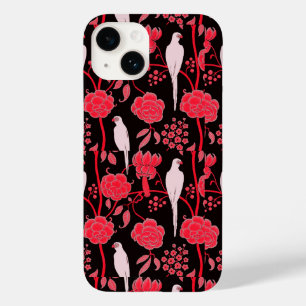ART DECO RED FLOWERS,WHITE PARROS ON BLACK