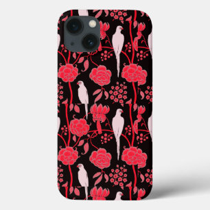 ART DECO RED FLOWERS,WHITE PARROS ON BLACK