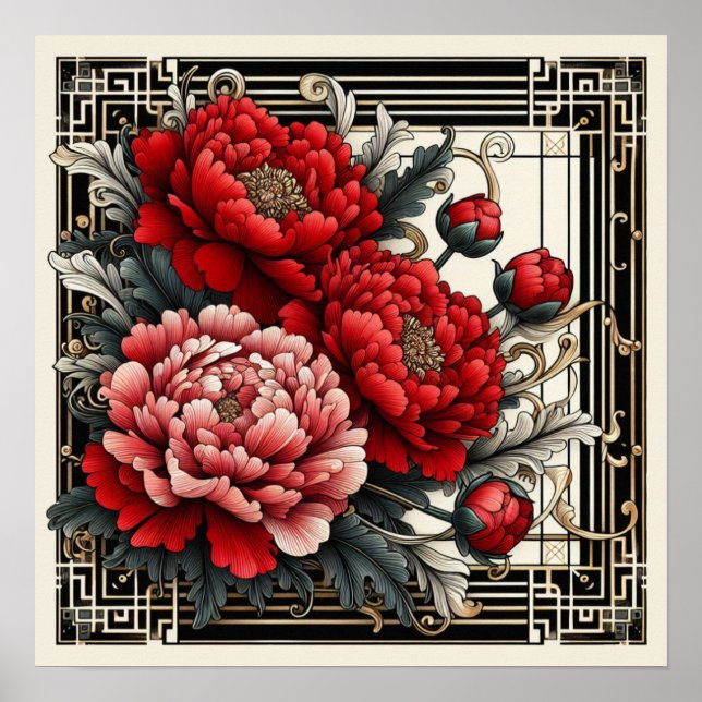 Art Deco Red Peonies Poster (Framsidan)
