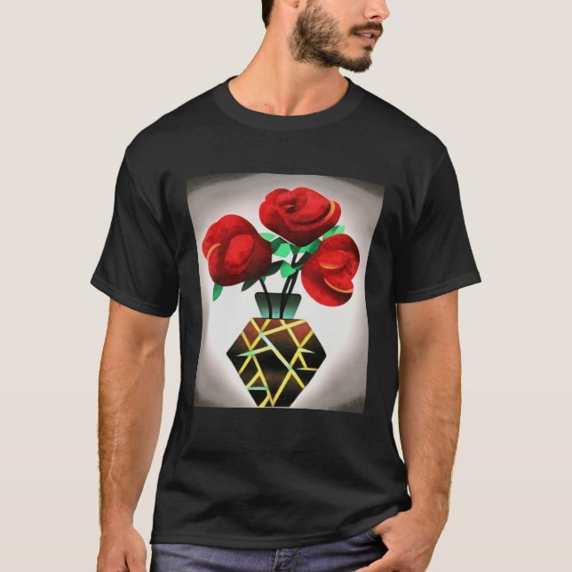 Art Deco Red Roses In Vase Abstract Art T Shirt (Framsida)