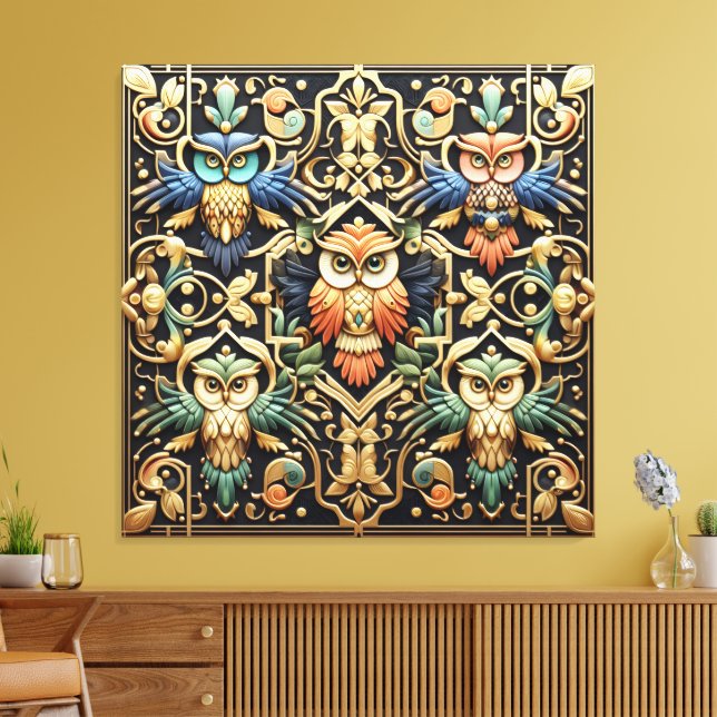 Art Deco Regnbåge Ugglor Canvastryck (Insitu (Vardagsrum))
