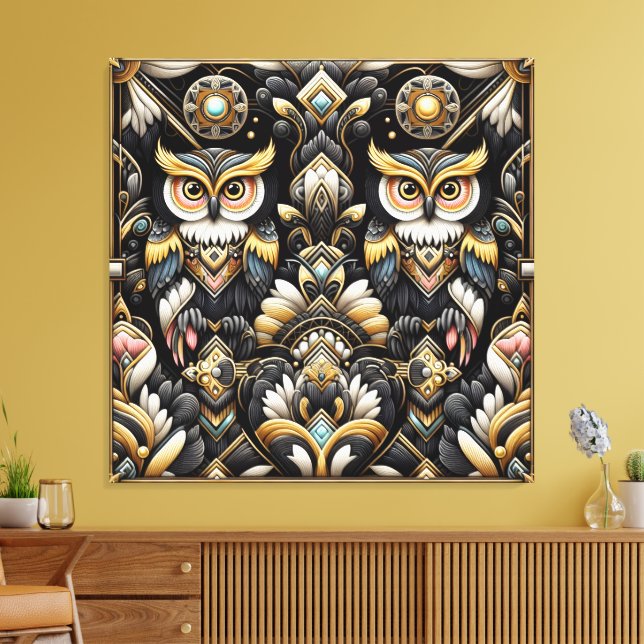 Art Deco Regnbåge Ugglor Canvastryck (Insitu (Vardagsrum))