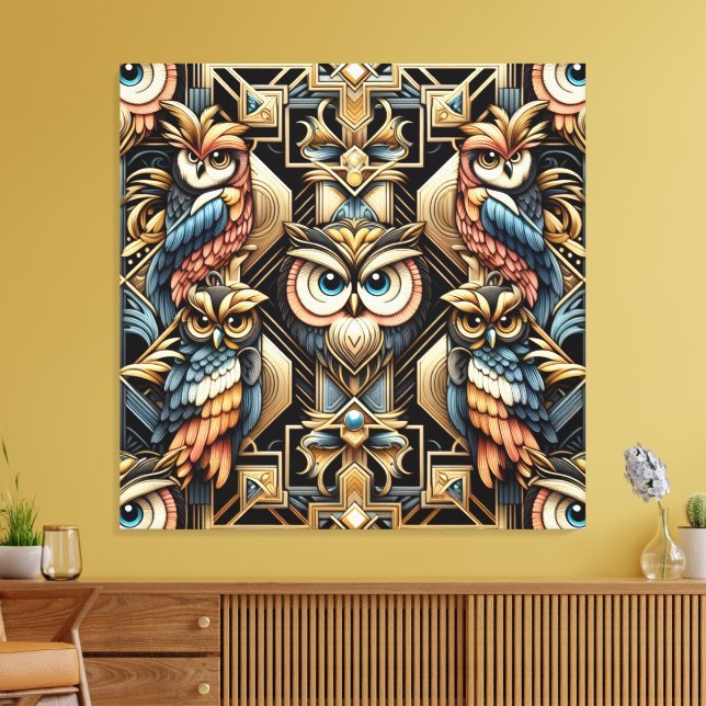 Art Deco Regnbåge Ugglor Canvastryck (Insitu (Vardagsrum))