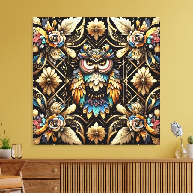 Art Deco Regnbåge Ugglor Canvastryck (Insitu (Vardagsrum))