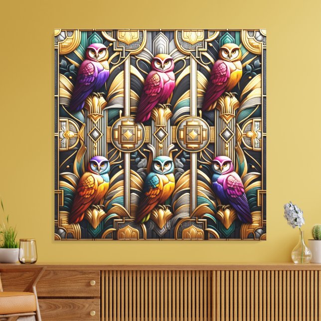 Art Deco Regnbåge Ugglor Canvastryck (Insitu (Vardagsrum))