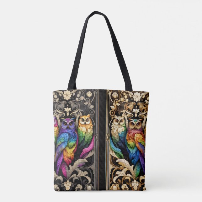 Art Deco Regnbåge Ugglor Handväskan Tygkasse (Baksida)