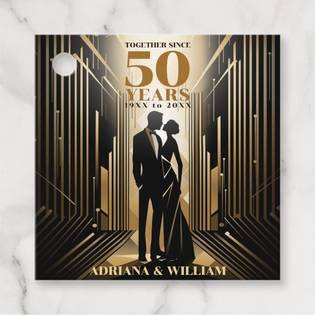 Art Deco Retro Black & Guld Bröllop-årsdag Gåvor Etiketter (Framsida)