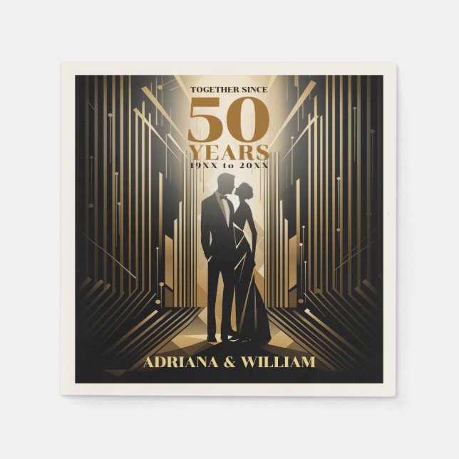 Art Deco Retro Black & Guld Bröllop-årsdag Pappersservett (Framsidan)