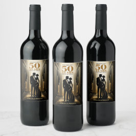 Art Deco Retro Black & Guld Bröllop-årsdag Vinflaska Etikett