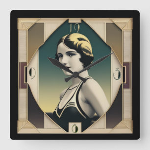 Art Deco-retro-flicka Fyrkantig Klocka