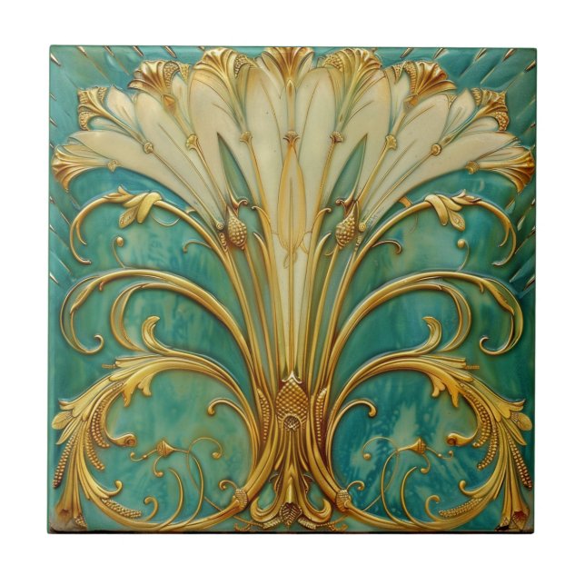 Art Deco Retro Guld Turkos Trumpet Blomma Kakelplatta (Framsidan)