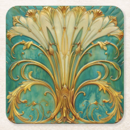 Art Deco Retro Guld Turkos Trumpet Blomma Underlägg Papper Kvadrat