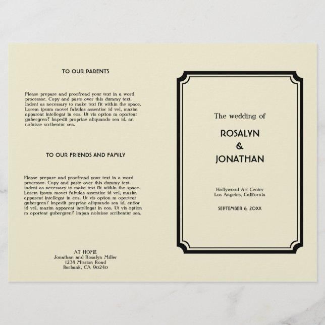 Art deco retro Hollywood glam bröllopsprogram (Framsida)