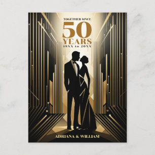 Art Deco Retro Svart & Guld Bröllopsjubileum Vykort