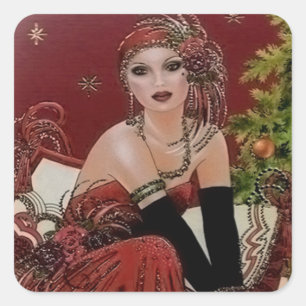 Art deco retro vintage jul dam Helgdag Fyrkantigt Klistermärke